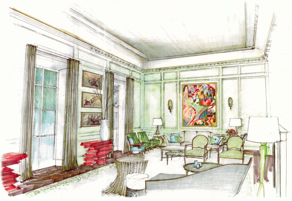 A drawing of a living room with green furniture.