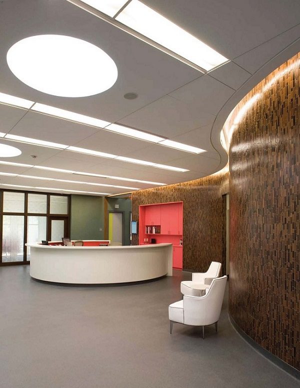 A reception desk in a building.