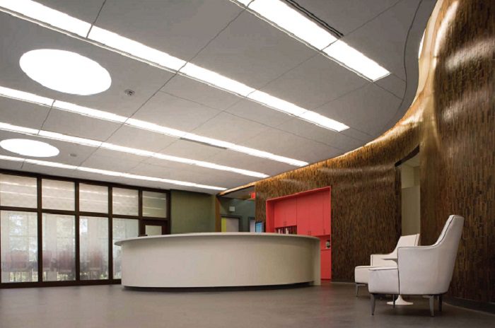 A reception area in a modern office building.