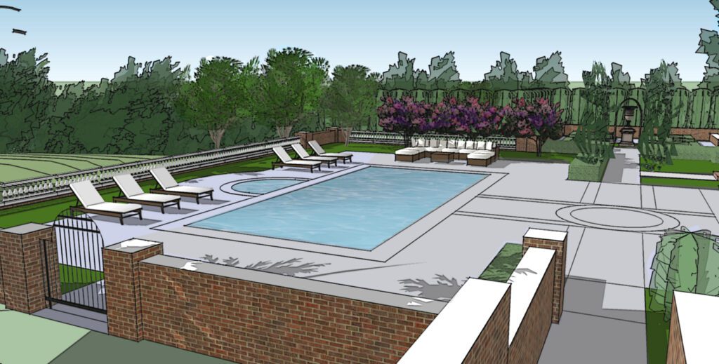 Modern outdoor pool area with lounge chairs and greenery.