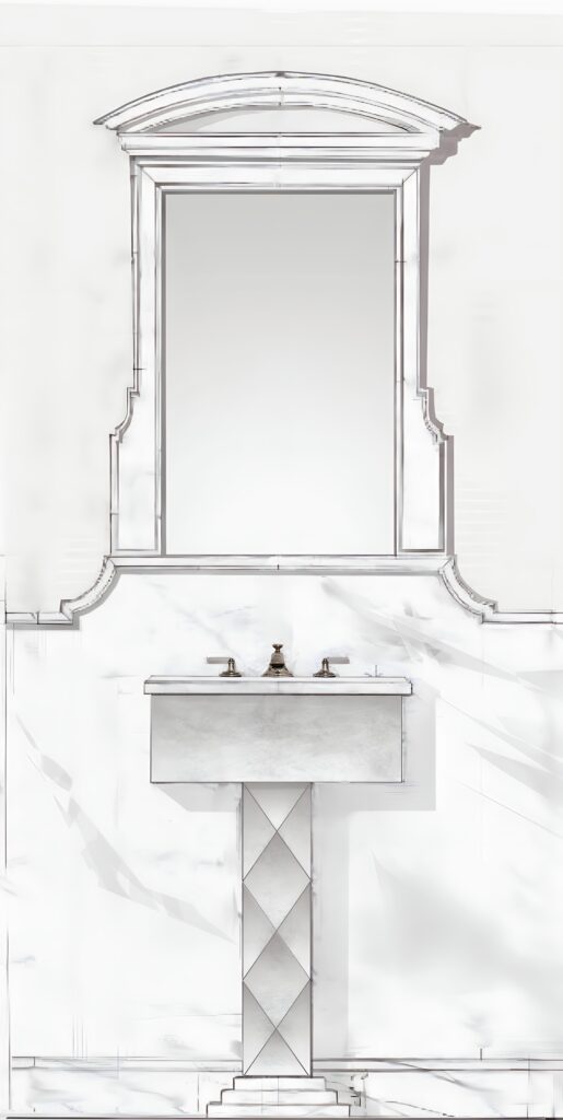 A drawing of a bathroom with a marble sink and mirror.