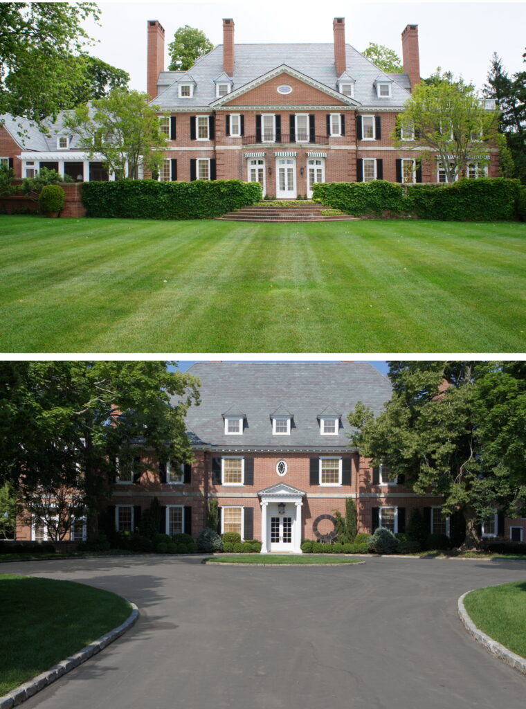 Two elegant homes with manicured lawns and greenery in front.