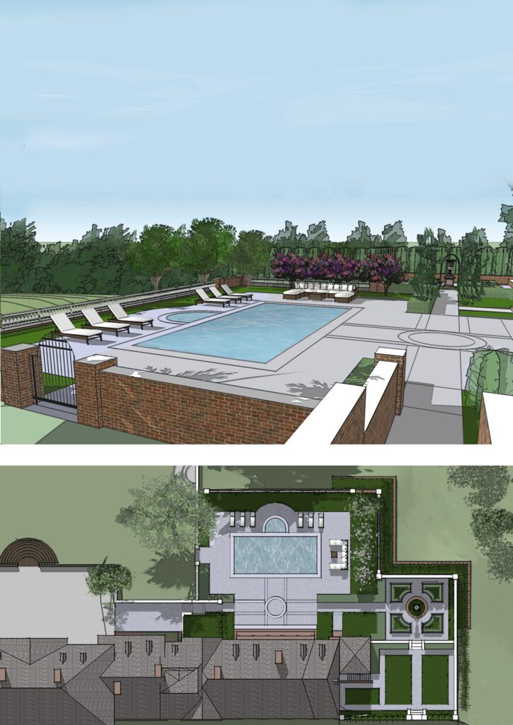 Modern backyard with a swimming pool and lounge area surrounded by greenery.