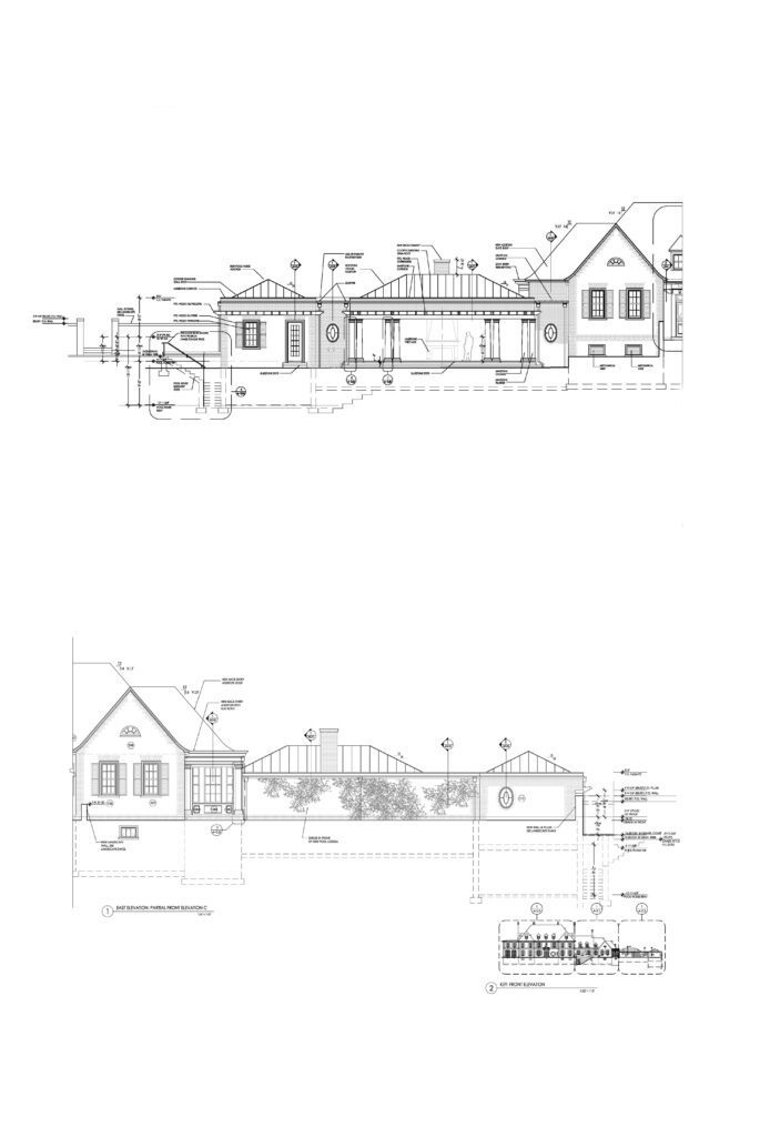 Architectural elevation drawing of a residential house showing detailed design and measurements.