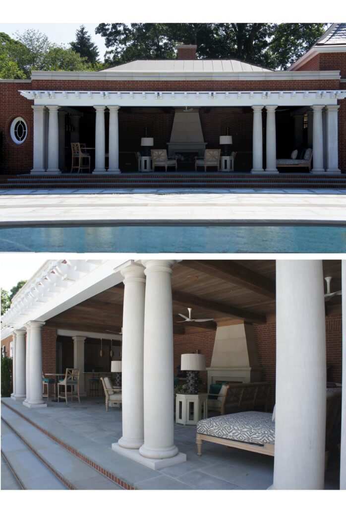 Outdoor poolside lounge area with white columns and cozy seating under a covered patio.