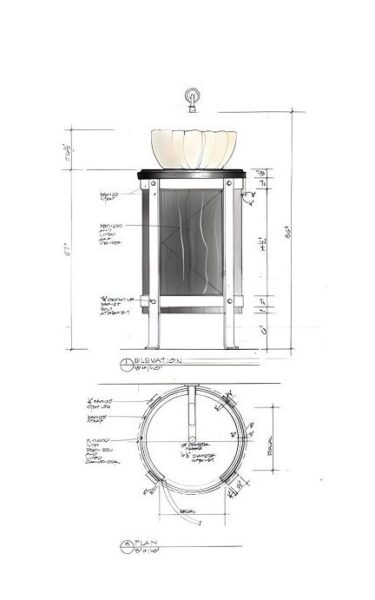 Architectural drawing of custom pedestal vanity designed for sculptural Manhattan powder room renovation