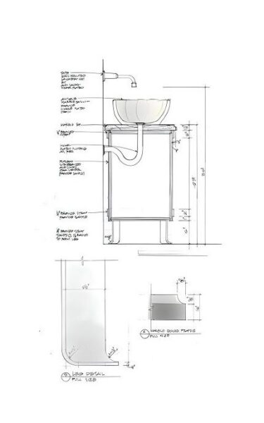 Section drawing of custom powder room pedestal vanity with carved stone basin and integrated plumbing