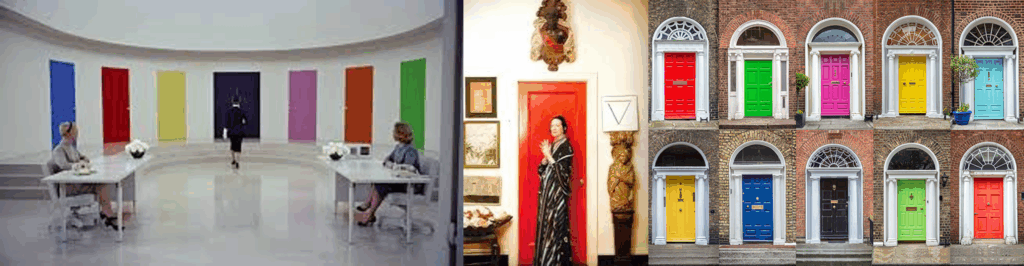 Three scenes showing colorful doors and panels
