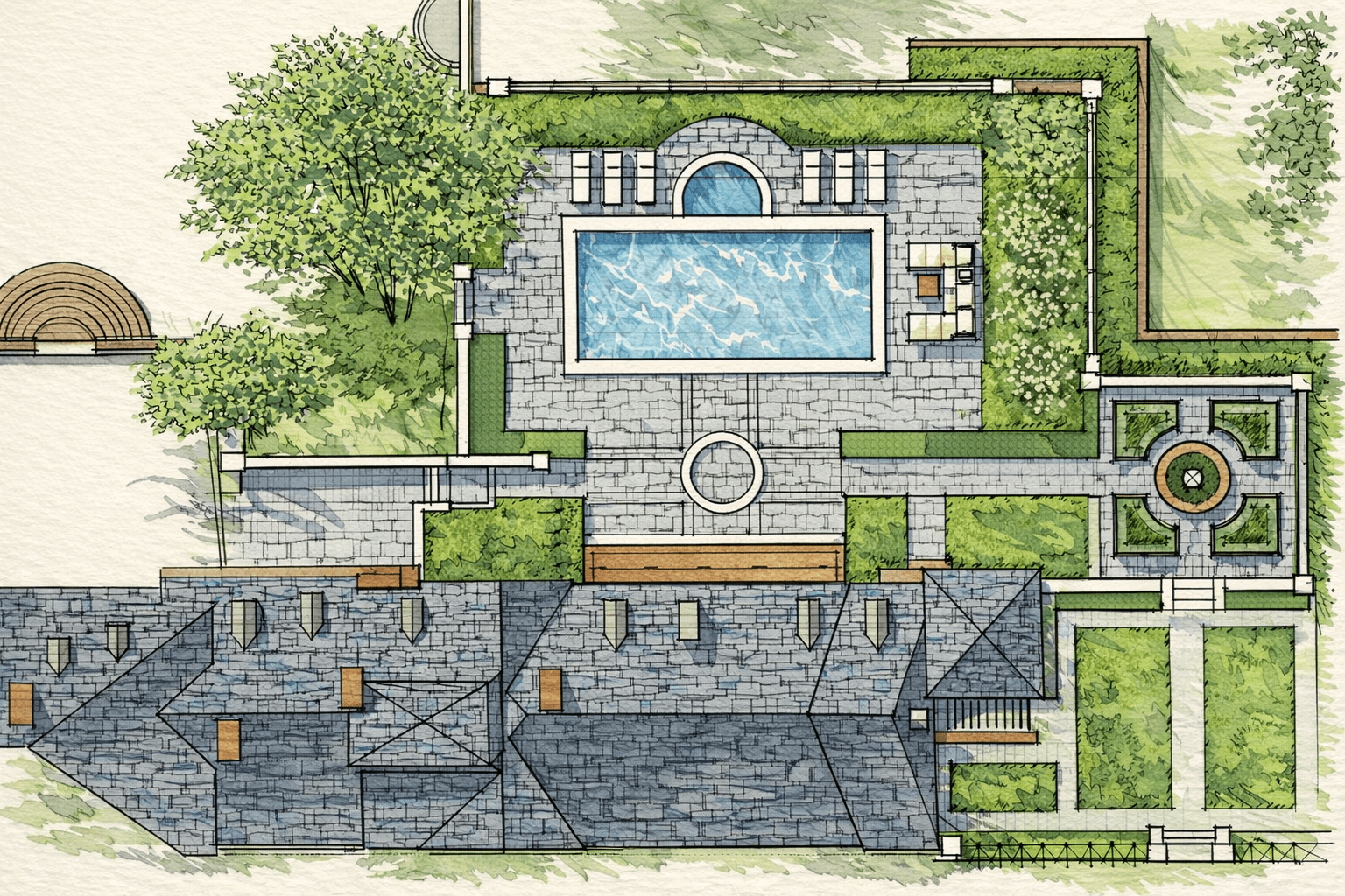 Landscape plan drawing for neo-classical pool house pavilion and formal Southampton estate gardens