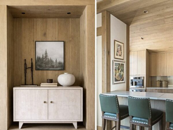 Contemporary Aspen ski lodge interiors featuring waxed wood walls, integrated cabinetry, and warm alpine detailing