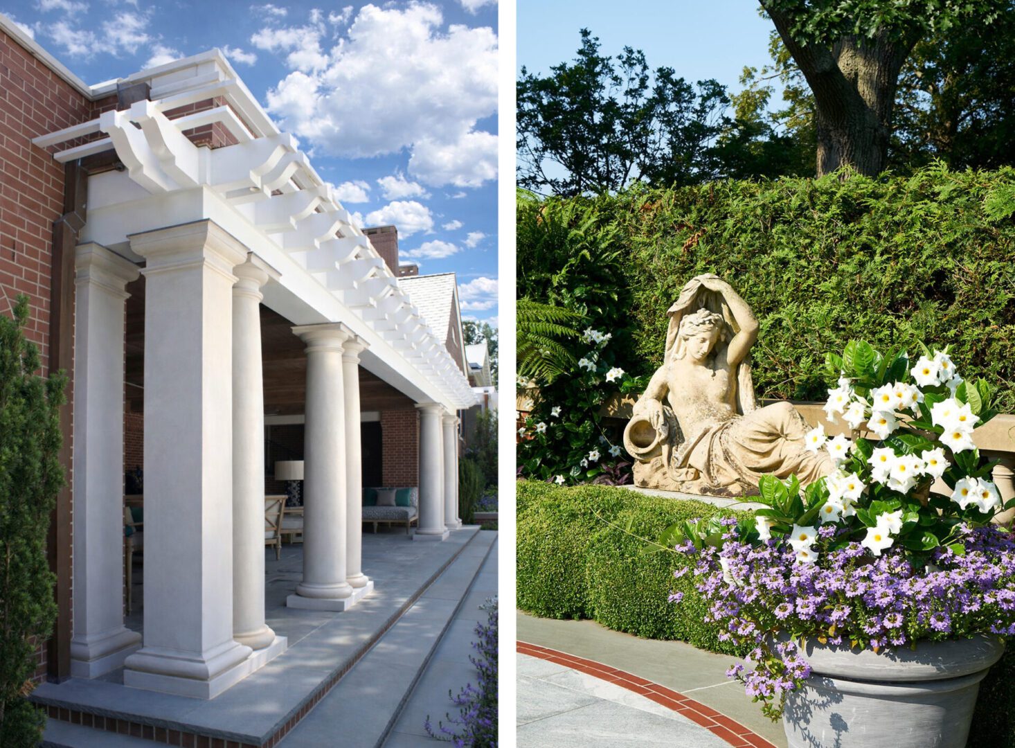 Neo-classical pool house pavilion and formal garden sculpture at historic Southampton estate