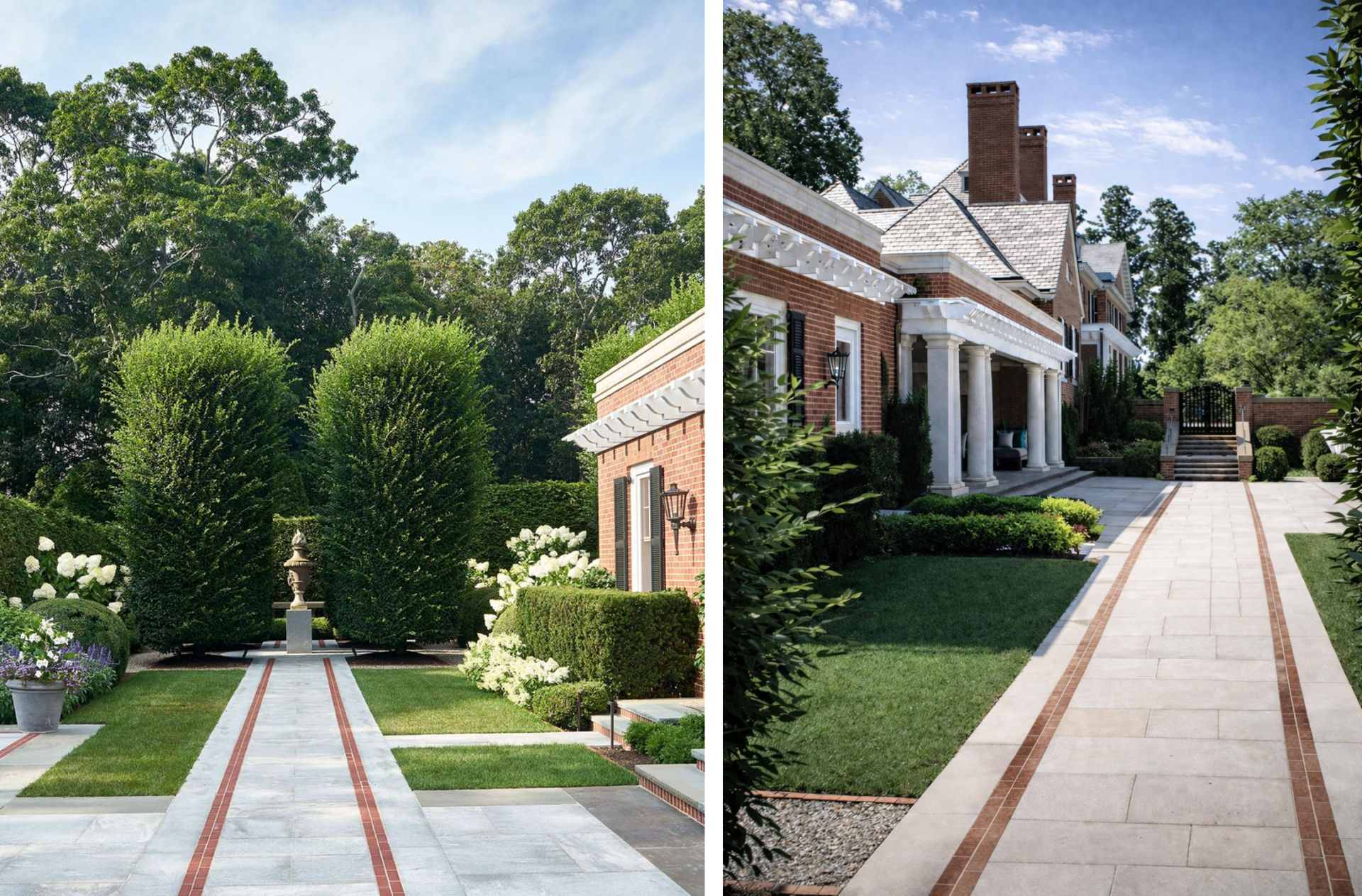 Formal gardens and neo-classical pool house pavilion at historic Southampton estate on Long Island