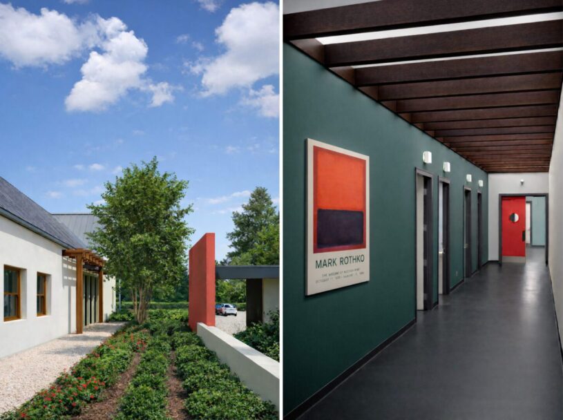 Florida oncology clinic exterior and interior featuring regional architecture, wood detailing, and vibrant patient-centered design