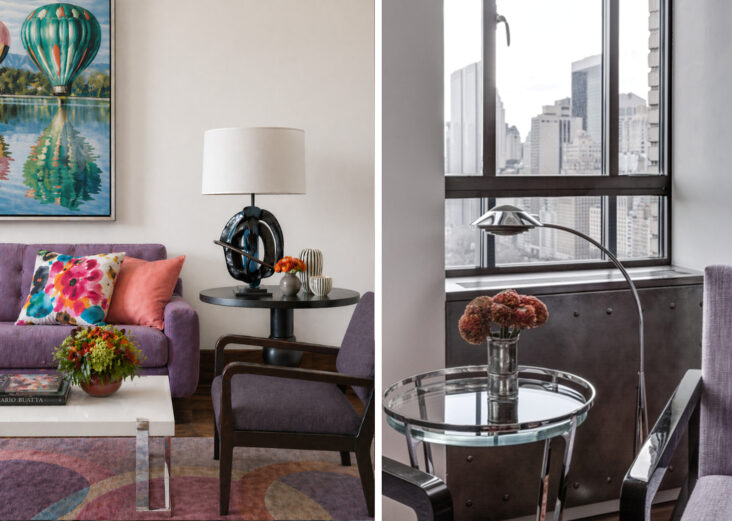 Loft Loft-inspired Manhattan apartment interiors featuring vibrant textiles, contemporary furnishings, and Midtown views