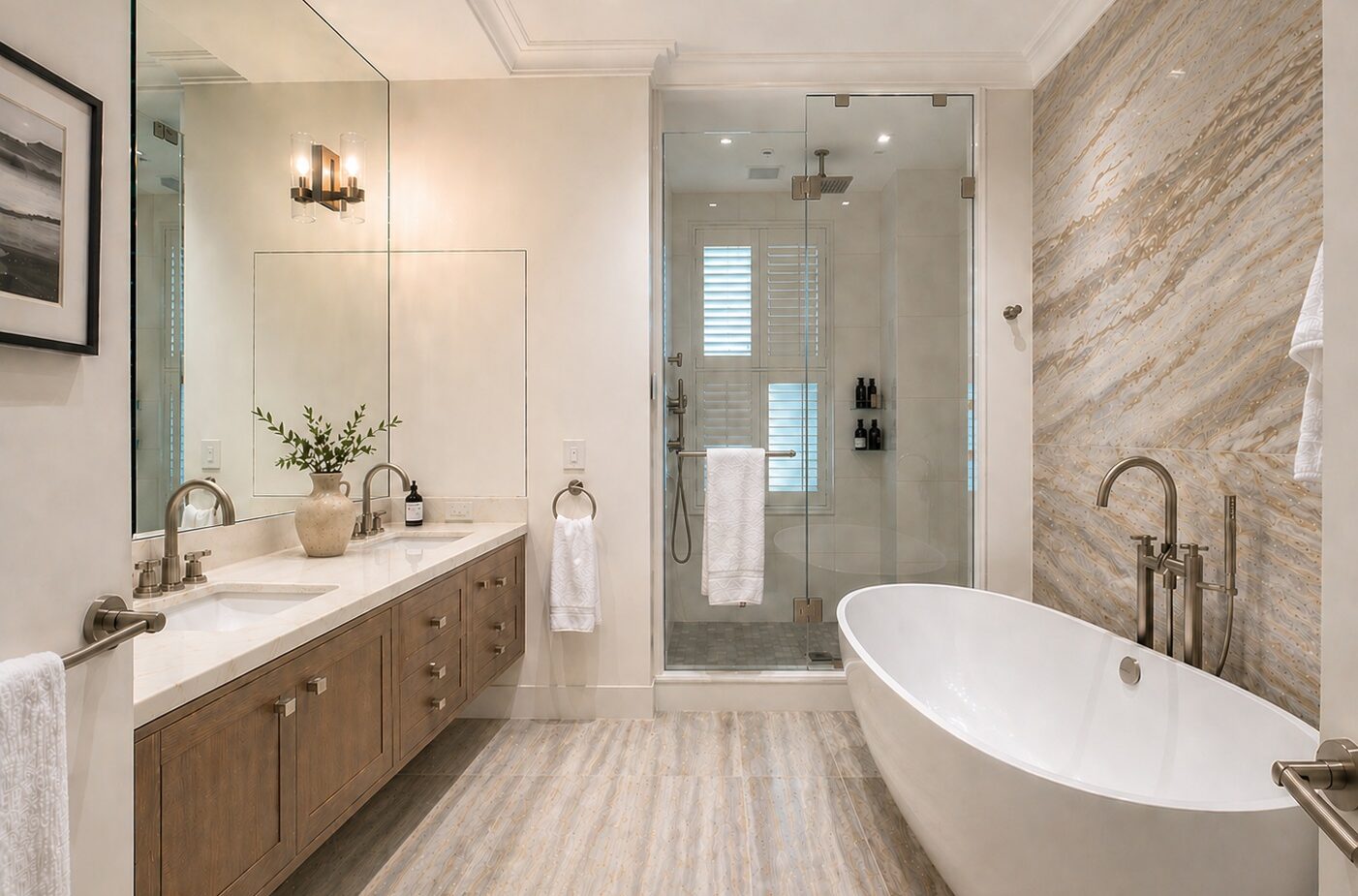 davids bathroom 2 Contemporary marble bathroom in renovated prewar Manhattan apartment with freestanding soaking tub and custom oak vanity
