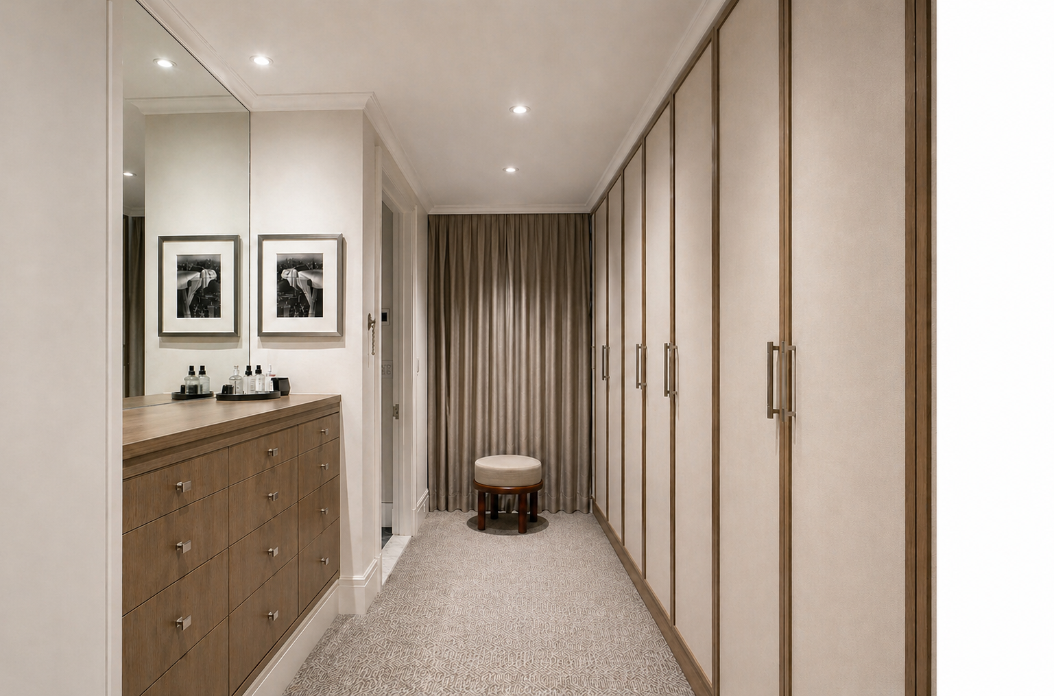 davids dressing 2 Custom dressing room in renovated prewar Manhattan apartment with integrated wardrobes and oak cabinetry
