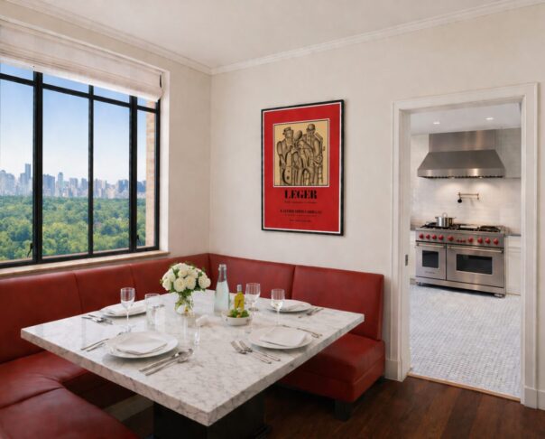 Dining area at The Majestic featuring custom red banquette seating and views over Central Park