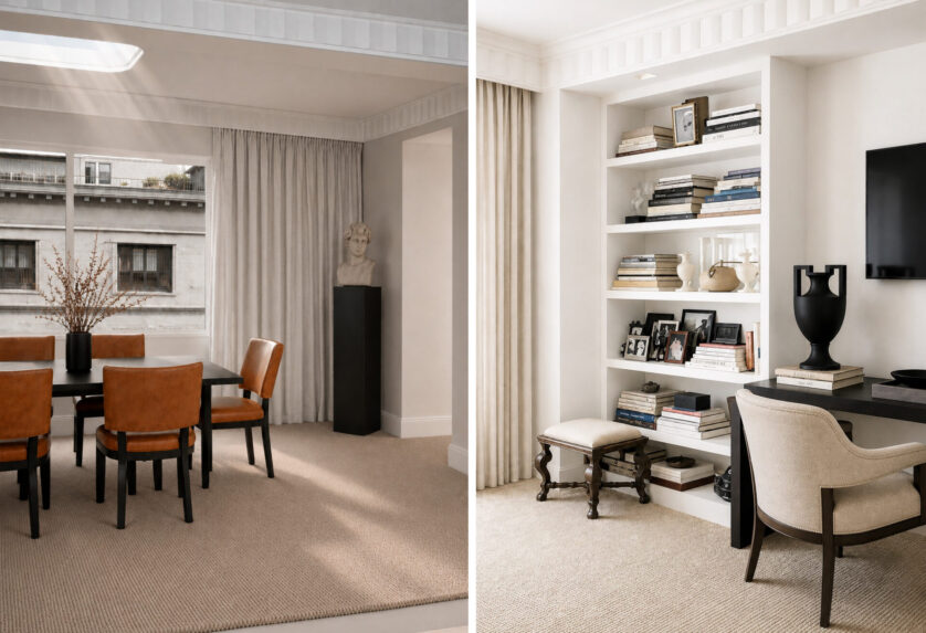 Park Avenue pied-à-terre interiors featuring tailored drapery, integrated shelving, and mid-century furnishings