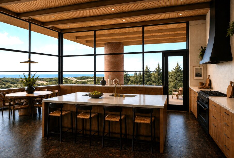 Modern coastal kitchen with steel-framed glazing, warm wood ceiling, and panoramic North Atlantic views